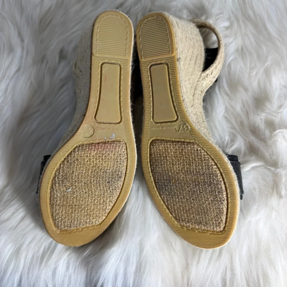 Dalson Espadrilles Black Leather Elastic Strap Wedge Sandals Made in Spain‎ 37